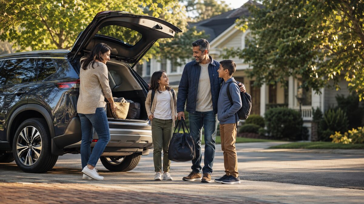 A family preparing for a trip beside their vehicle