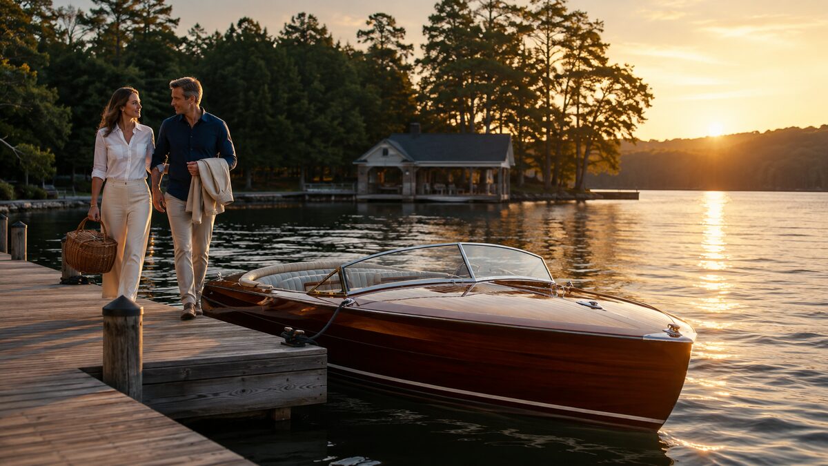 A couple walking beside their recreational boat