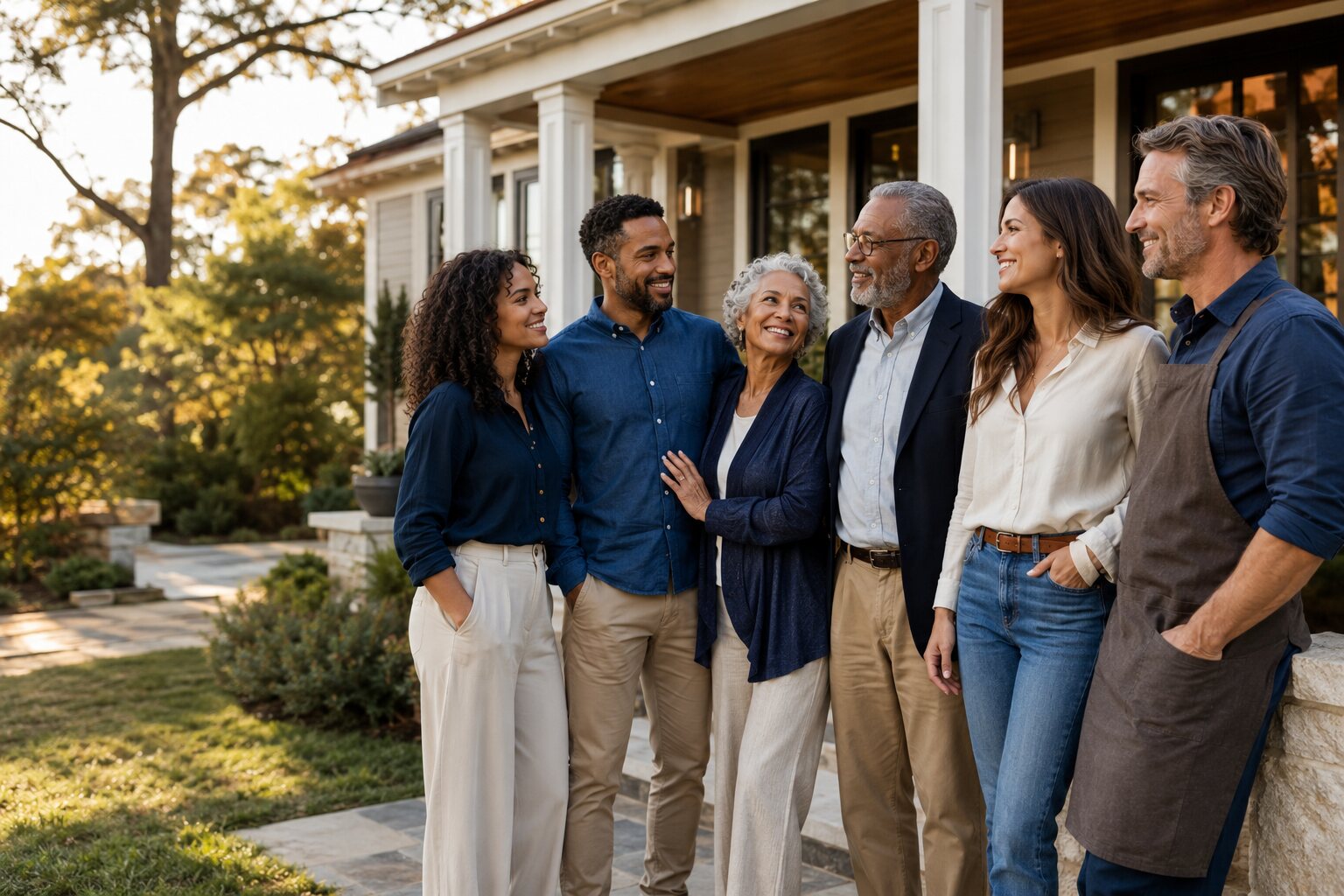 A multigenerational family gathered outside their home
